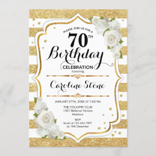 70th Birthday - Gold White Stripes Roses Invitation