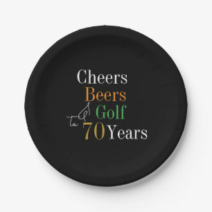 70th Birthday Golf Cheers Beers Black Gold Party Paper Plate