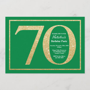 70th Birthday Green and Gold Glitter Invitation