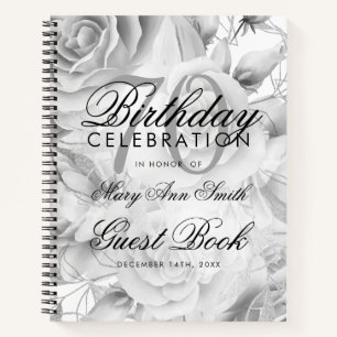 70th Birthday Guestbook Party Floral Silver White Notebook