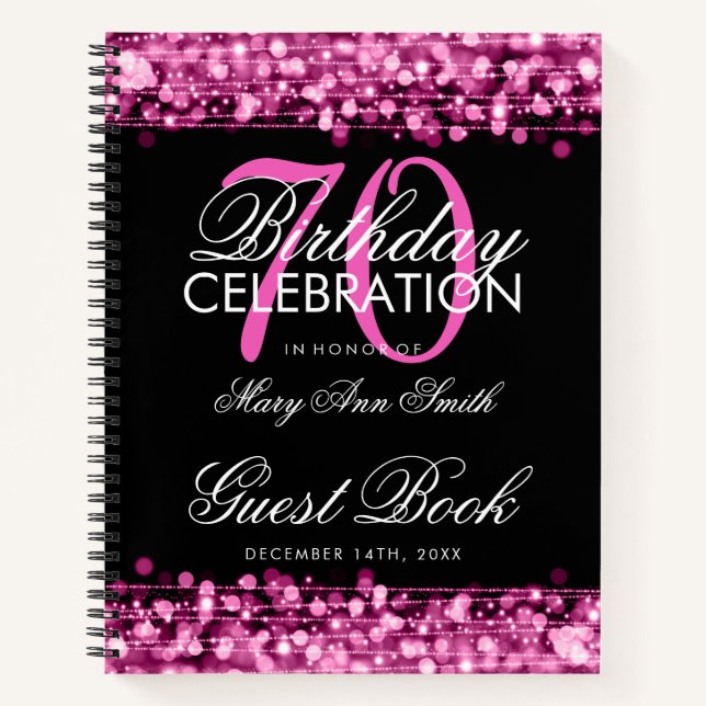 70th Birthday Guestbook Party Sparkles Pink Notebook (Front)