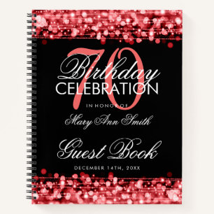 70th Birthday Guestbook Party Sparkles Red & Black Notebook