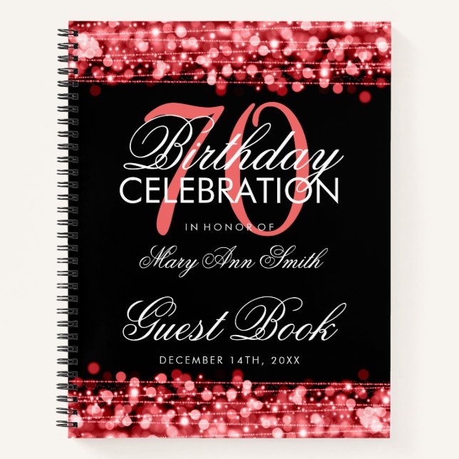 70th Birthday Guestbook Party Sparkles Red & Black Notebook (Front)