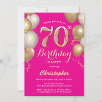 70th Birthday Hot Pink and Gold Balloons Confetti