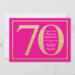 70th Birthday Hot Pink and Gold Glitter Invitation