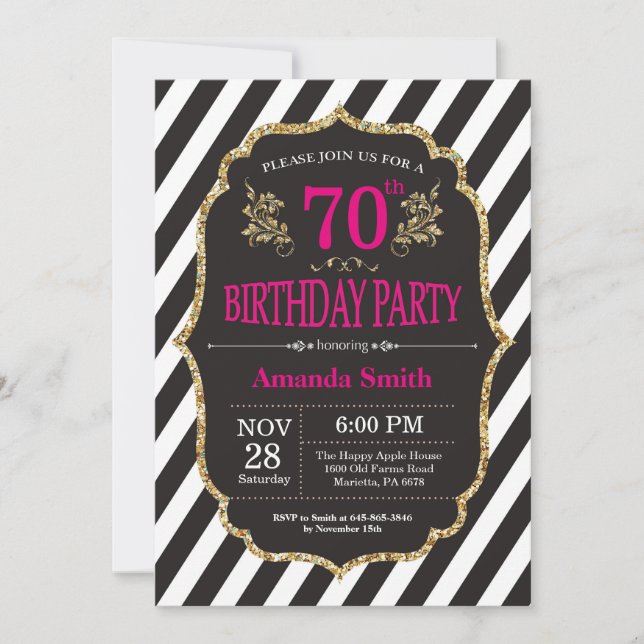 70th Birthday Invitation. Black and Gold Glitter Invitation (Front)