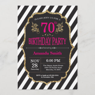 70th Birthday Invitation. Black and Gold Glitter Invitation