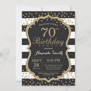 70th Birthday Invitation. Black and Gold Glitter Invitation