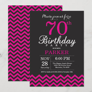 70th Birthday Invitation Black and Hot Pink