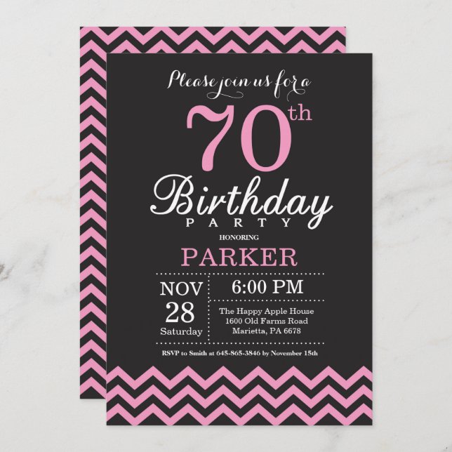 70th Birthday Invitation Black and Pink Chevron (Front/Back)