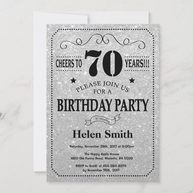 70th Birthday Invitation Black and Silver Glitter (Front)