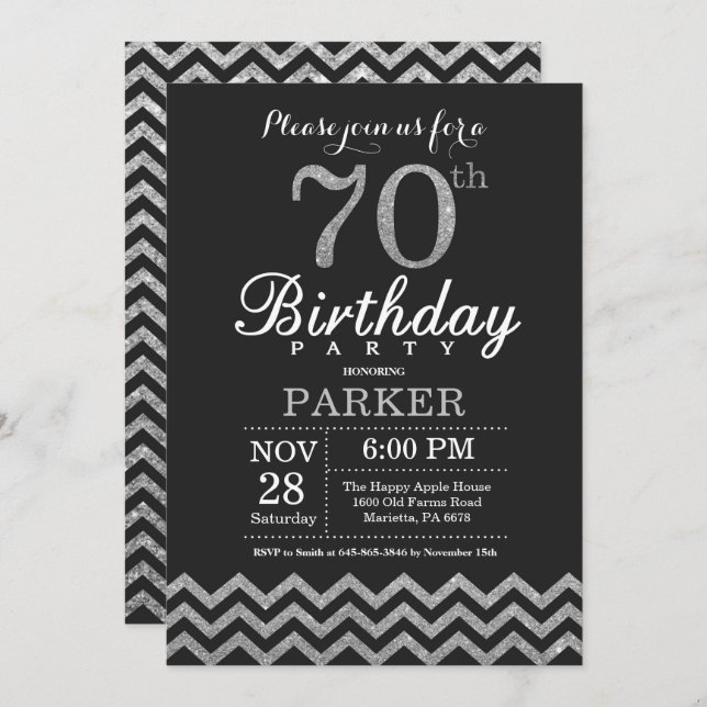 70th Birthday Invitation Black and Silver Glitter (Front/Back)