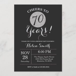 70th Birthday Invitation Black and Silver Glitter