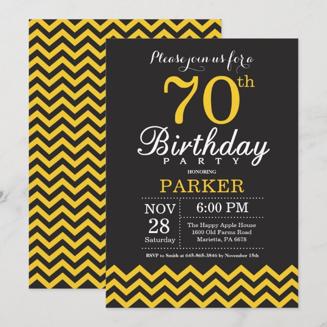 70th Birthday Invitation Black and Yellow Chevron (Front/Back)