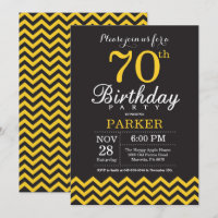 70th Birthday Invitation Black and Yellow Chevron
