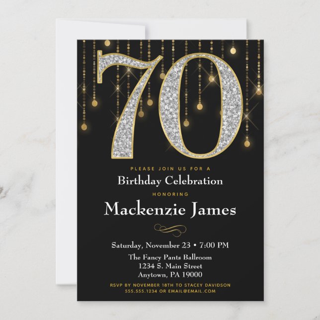 70th Birthday Invitation Black Gold Diamonds Adult (Front)
