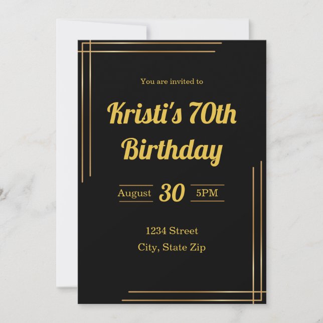 70th Birthday Invitation – Black & Gold | Elegant (Front)