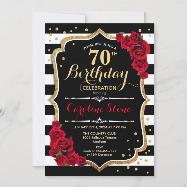 70th Birthday Invitation Black White Stripes Roses (Front)