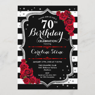 70th Birthday Invitation Black White Stripes Roses