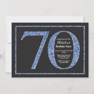 70th Birthday Invitation Blue Glitter Chalkboard