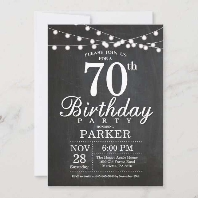 70th Birthday Invitation Chalkboard String Lights (Front)