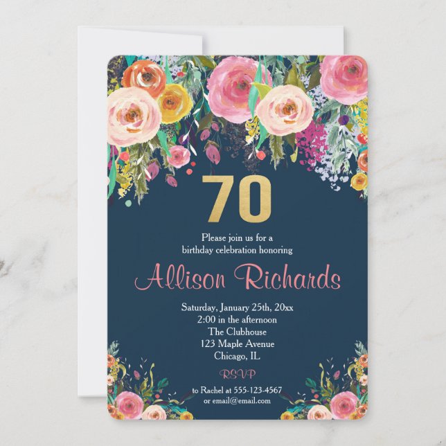 70th birthday invitation floral watercolor navy (Front)
