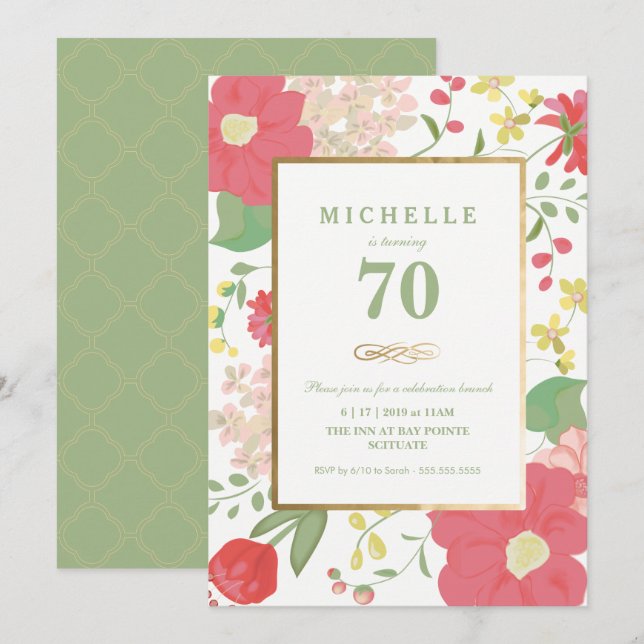 70th Birthday Invitation - Gold, Elegant Floral (Front/Back)