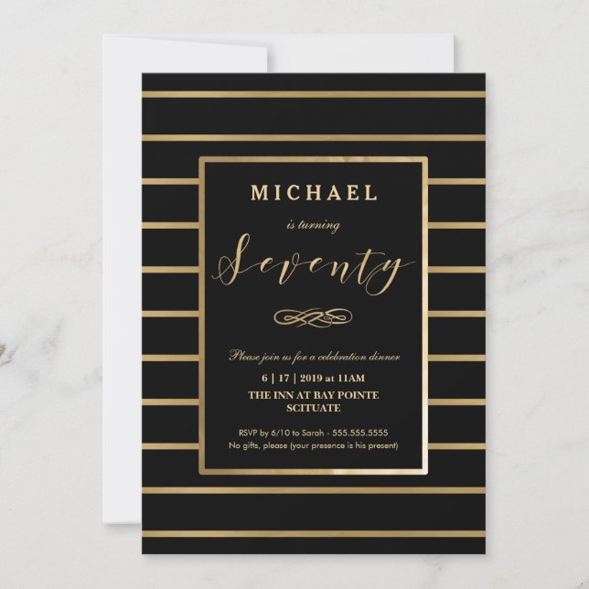 70th Birthday Invitation - Gold, Elegant Masculine (Front)