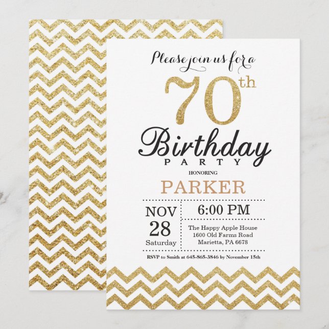 70th Birthday Invitation Gold Glitter (Front/Back)