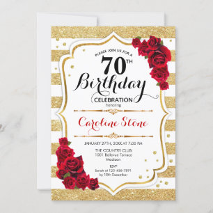 70th Birthday Invitation Gold White Stripes Roses