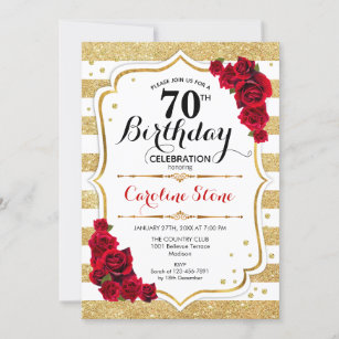 70th Birthday Invitation Gold White Stripes Roses
