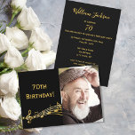 70th birthday invitation photo black for guys<br><div class="desc">Black background with golden music notes. With the text: 70th Birthday! on front. Template for your photo.  A birthday party invitation for men.

Add your event details on back.</div>