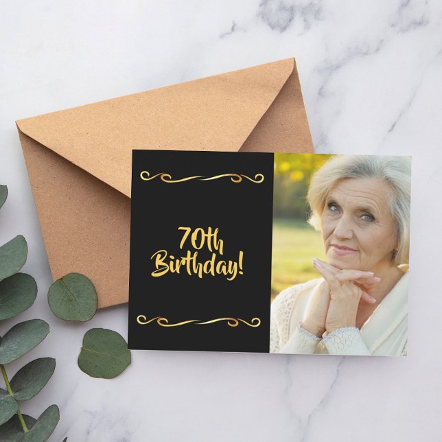 70th birthday invitation photo black gold glam (Creator Uploaded)