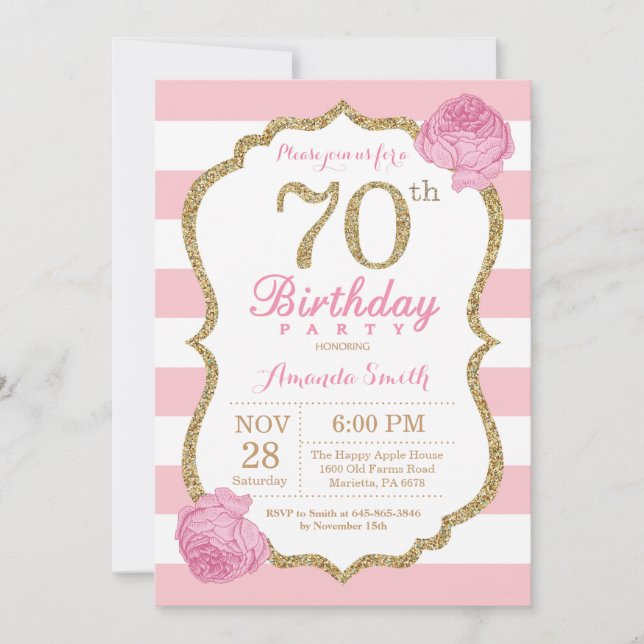 70th Birthday Invitation Pink and Gold Floral (Front)
