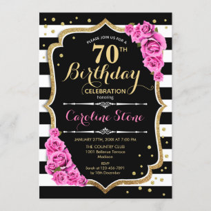 70th Birthday Invitation Pink Black White Stripes