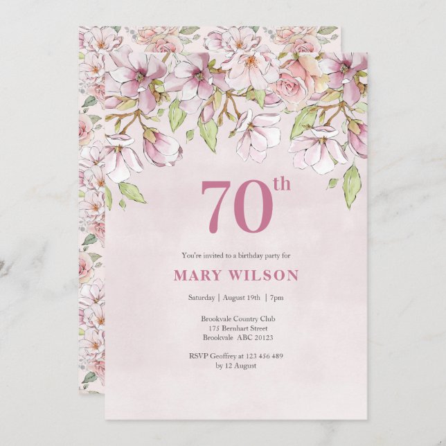 70th Birthday Invitation Pink Floral (Front/Back)