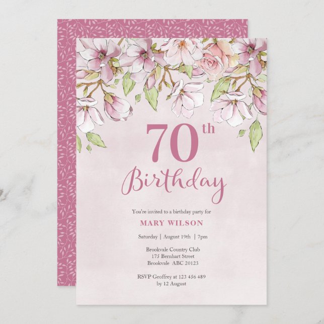 70th Birthday Invitation Pink Floral (Front/Back)