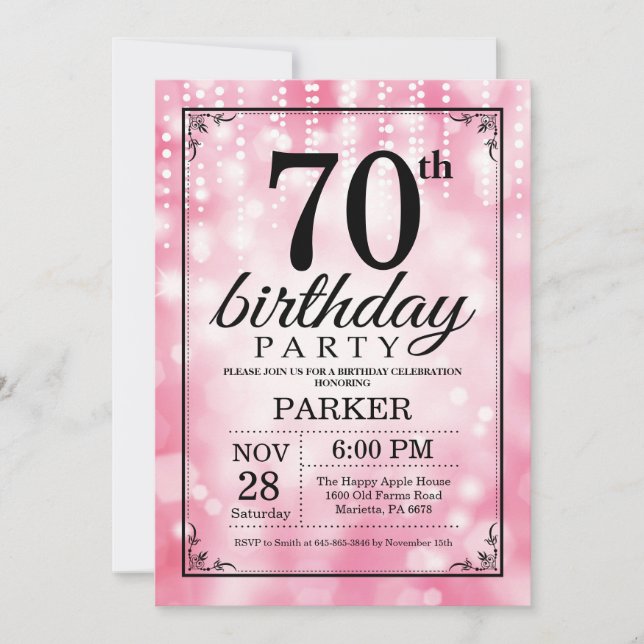 70th Birthday Invitation Pink Glitter (Front)