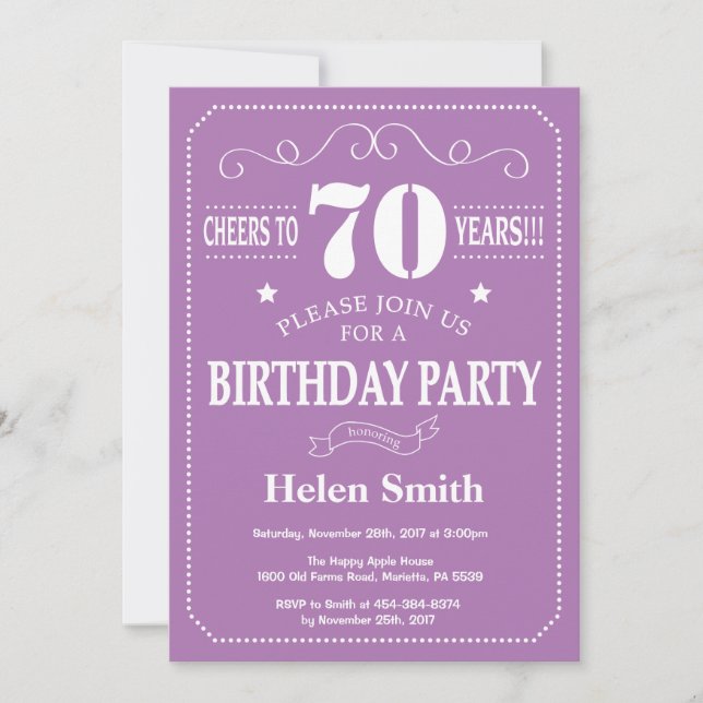 70th Birthday Invitation Purple and White (Front)