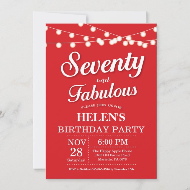 70th Birthday Invitation Red Fabulous (Front)