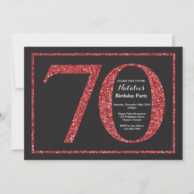 70th Birthday Invitation Red Glitter Chalkboard (Front)