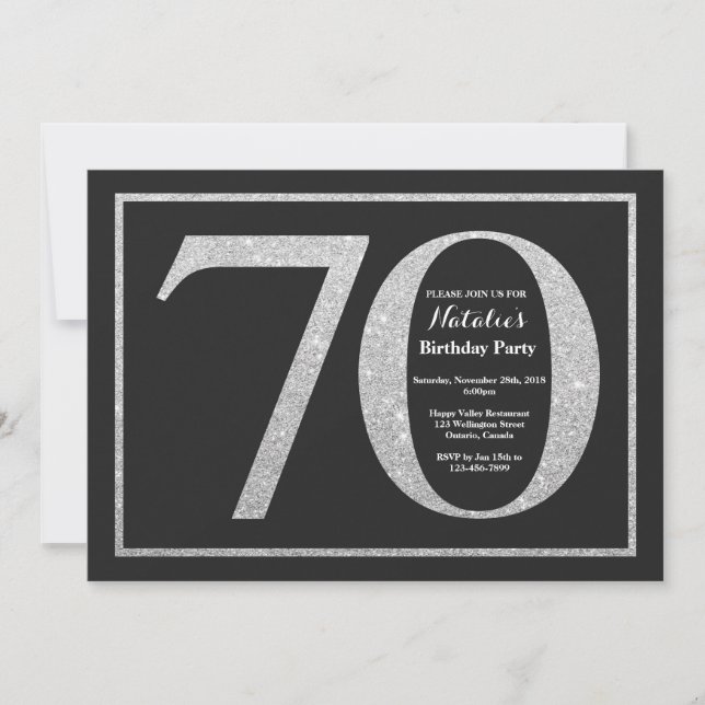 70th Birthday Invitation Silver Glitter Chalkboard (Front)