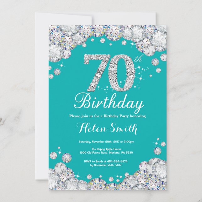 70th Birthday Invitation Teal and Silver Diamond (Front)