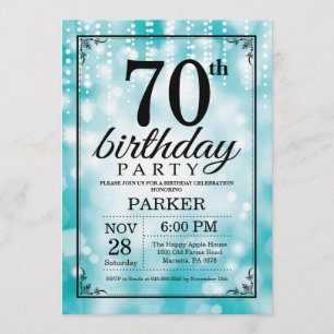 70th Birthday Invitation Teal Glitter