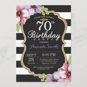 70th Birthday Invitation Women. Floral Gold Black