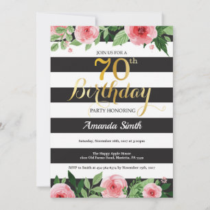 70th Birthday Invitation Women. Floral Gold Black
