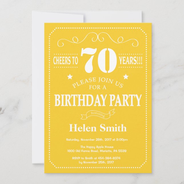 70th Birthday Invitation Yellow and White (Front)