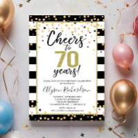70th birthday invitations, black and gold cheers