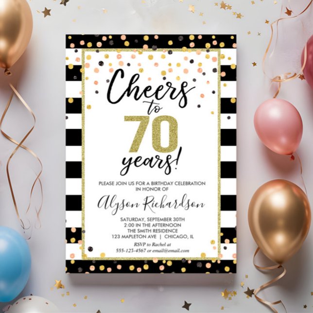70th birthday invitations, black and gold cheers invitation (Creator Uploaded)