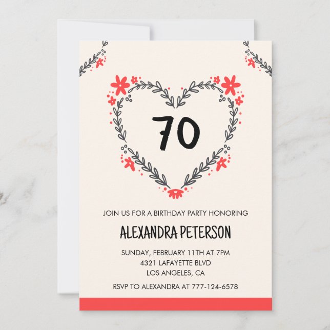 70th birthday invitations for her floral heart (Front)
